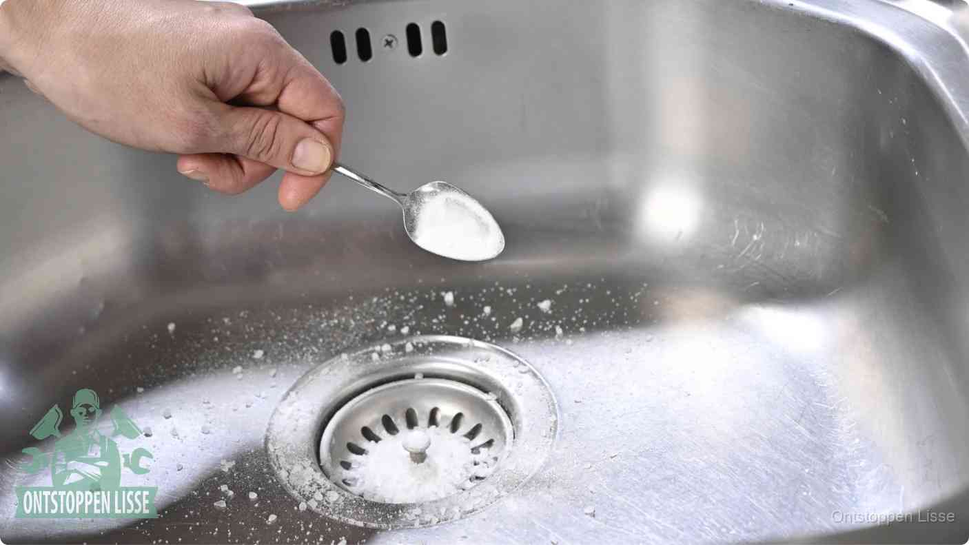 Een hand strooit met een lepel soda in de afvoer van een roestvrijstalen spoelbak, de soda en azijn huismiddel-methode om de afvoer te ontstoppen in Lisse